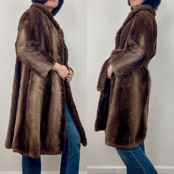 Vintage JB Johnson Brown Belted Genuine Goat Fur Coat - Picture 2 of 8